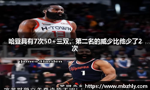 哈登具有7次50+三双，第二名的威少比他少了2次